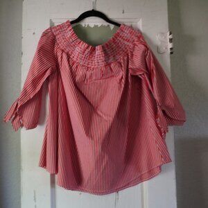 Chicos Top Striped Smocked Neckline Off the Shoulder Blouse